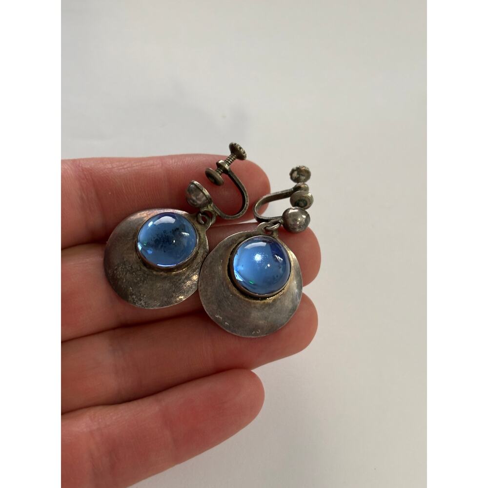Vintage Los Ballesteros Taxco Mexico Sterling Silver Dangle Earrings Blue Glass - Picture 4 of 4
